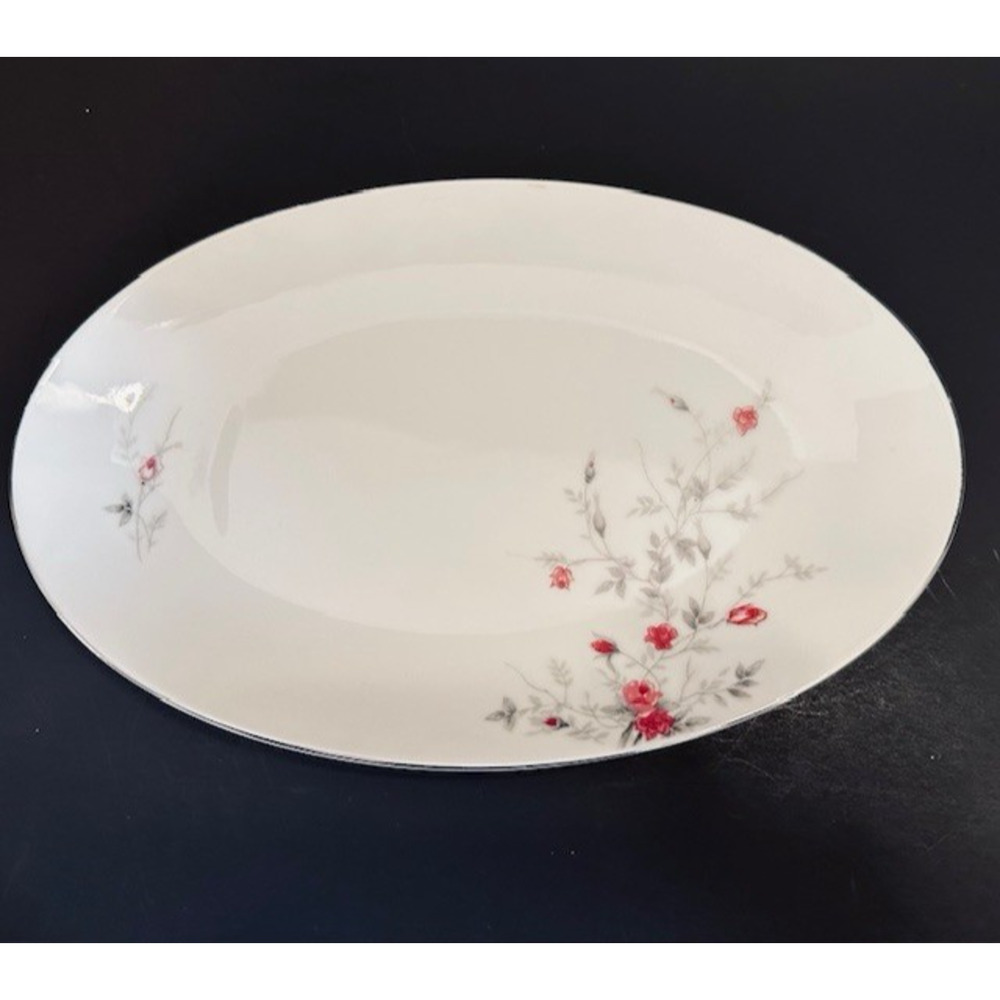 Arita ART25 Oval Serving Platter Pink Roses Gray Leaves Platinum Trim VTG